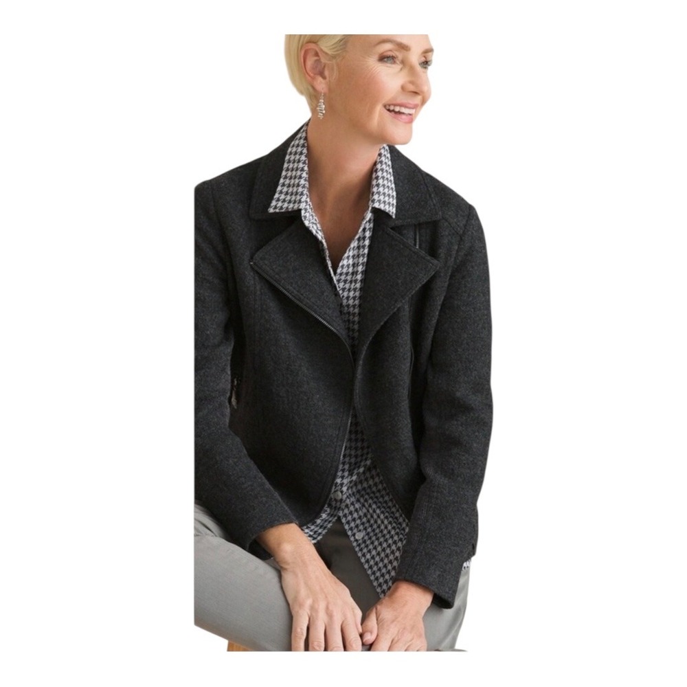 Chico's Women's Gray Viscose Blend‎ Moto Jacket, Asymmetrical Zip, Collared